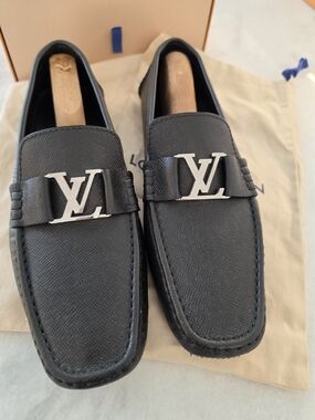 Louis Vuitton Black Textured Leather Loafers with Silver LV Buckle